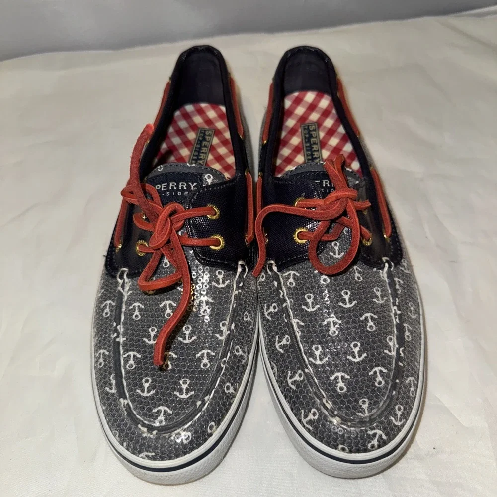 Sz 10M Sperry Top-Sider Leather Boat‎ Shoes 9688771 Navy Clear Sequin EUC